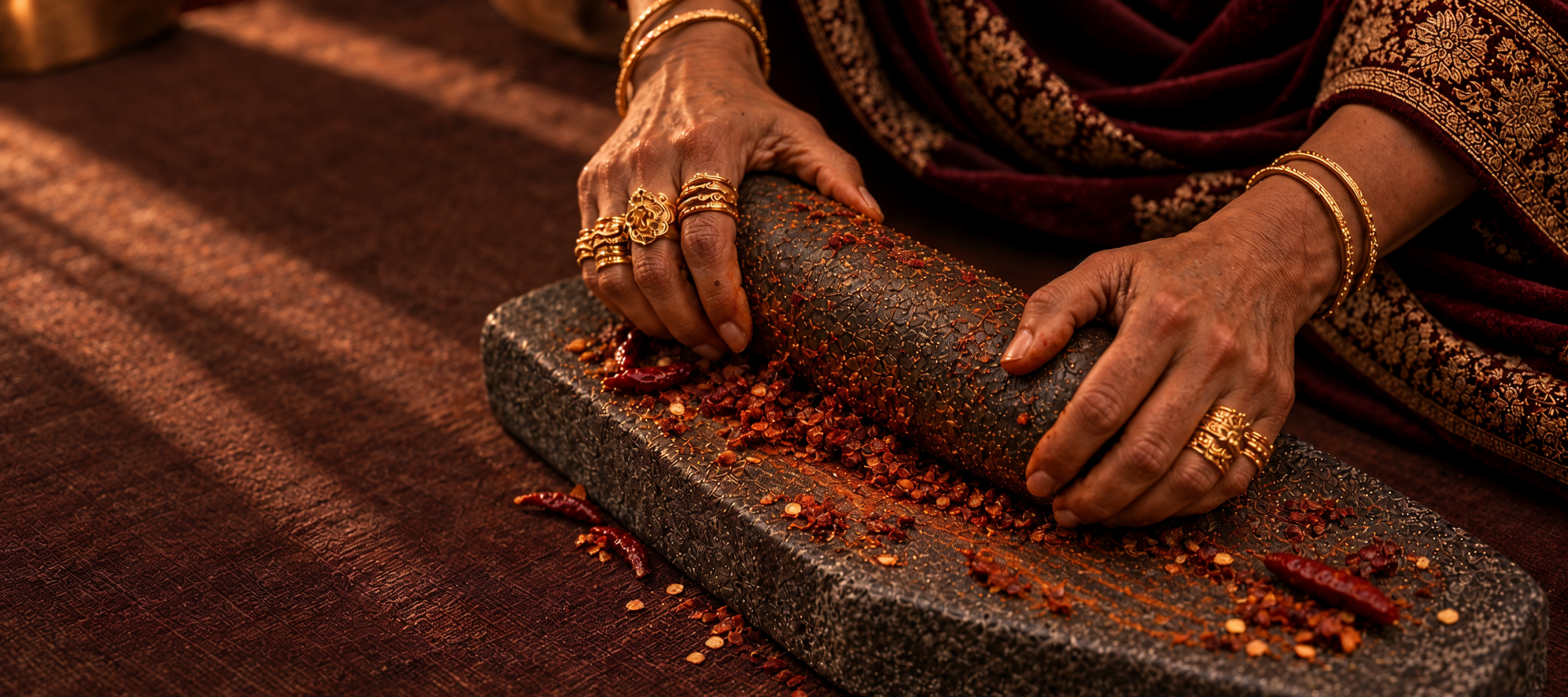 Hands grinding dried red chillies on a stone slab