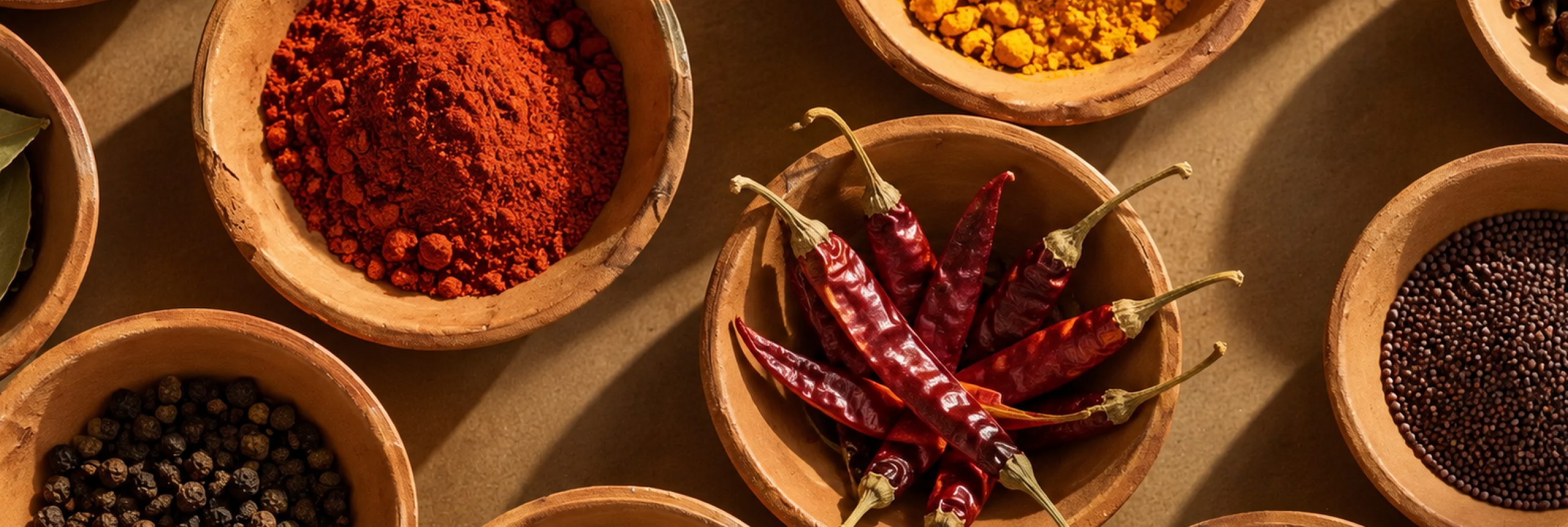 Clay bowls of whole and ground spices