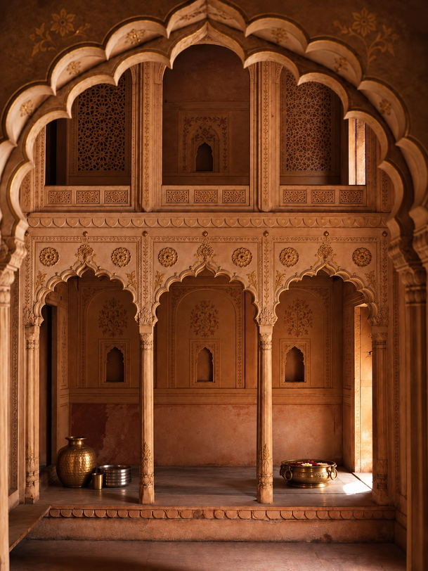 Sandstone arches and brass vessels in a Bikaner haveli